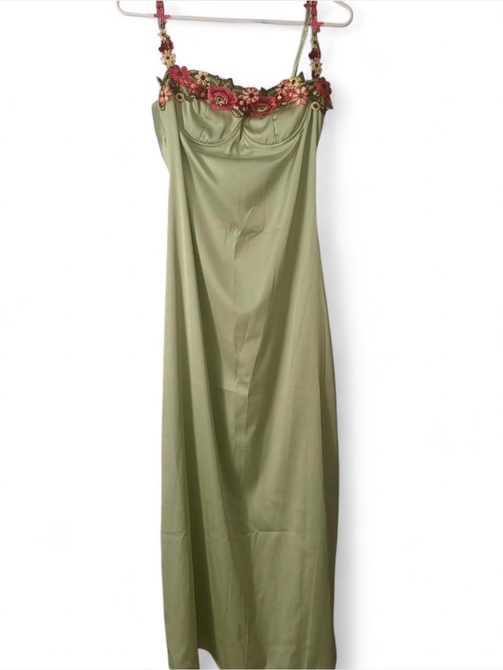 Olive Green Floral-Trim Slip Dress